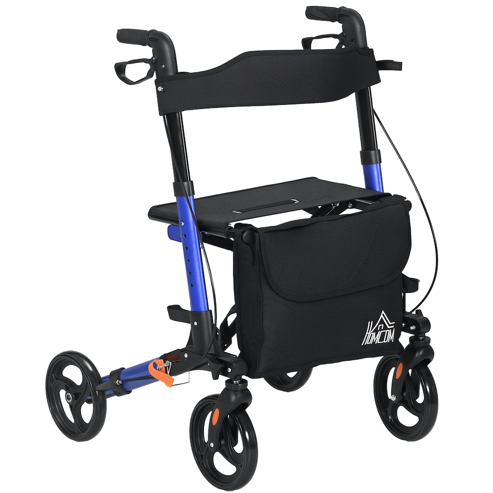 image 1 of HOMCOM 4 Wheel Rollator with Seat and Back, Folding Mobility Walker with Carry Bag, Adjustable Height, Dual Brakes, Cane Holder, Lightweight Aluminium Walking Frame for Seniors and Disabled, Blue