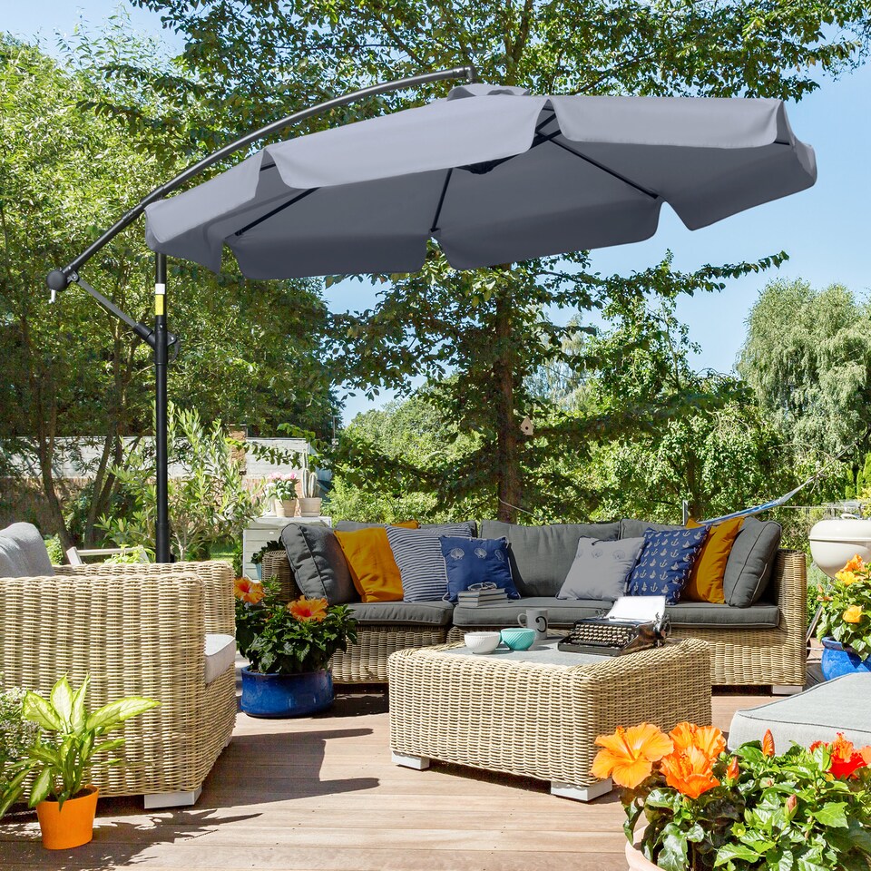 image 1 of Outsunny 2.7m Garden Banana Parasol Cantilever Umbrella with Crank Handle and Cross Base for Outdoor, Hanging Sun Shade, Dark Grey