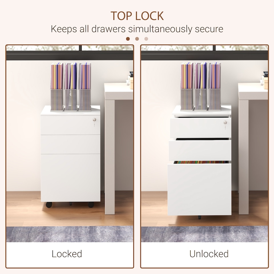 image 1 of Vinsetto 3-Drawer Vertical Filing Cabinet with Pencil Tray, Lock and 5 Wheels, Steel Mobile File Cabinet, for A4, Legal and Letter Size, Pre-Assembled Body, White