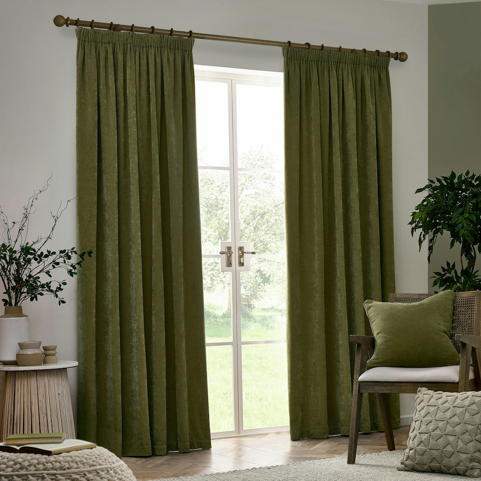 image 1 of Yard Heavy Chenille Velvet Olive Pencil Pleat Curtains  229 x 183cm Multi