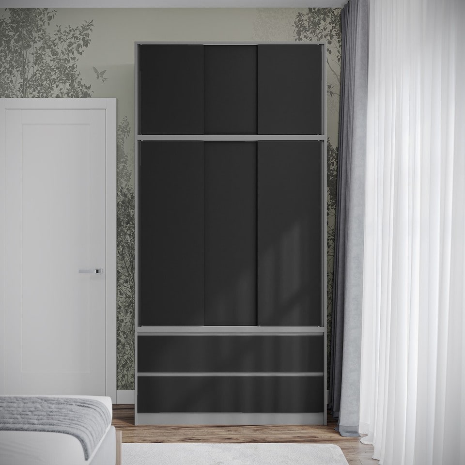 image 1 of 120cm 3 Sliding Doors Children Kids Wardrobe Bedroom Storage Closet Hanging Rail | Multi | Grey with Black Doors | 1