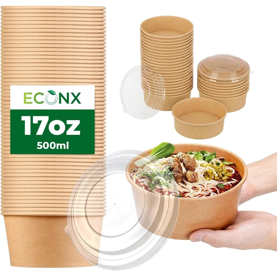 image 1 of ECONX 17oz 500ml Salad Paper Bowls with Lids Disposable Takeaway Bowls Food Container 50pc