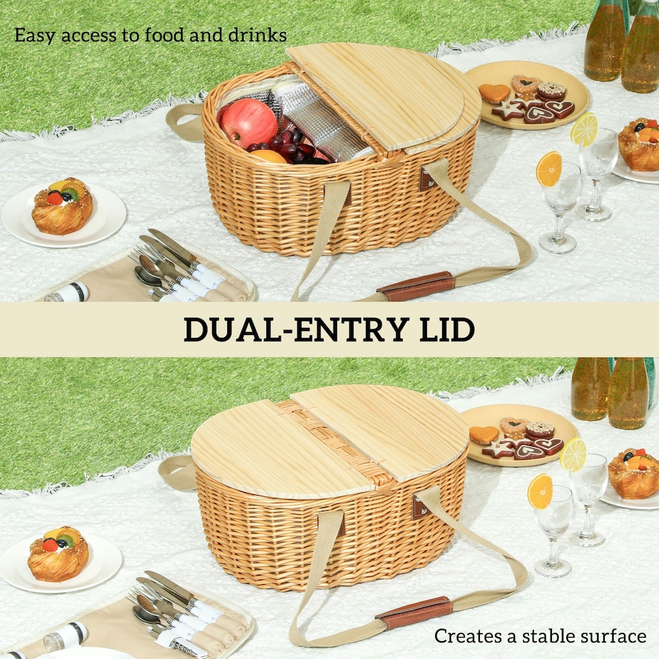 image 1 of Outsunny Wicker Picnic Basket for 2 with Pine Wood Lid, Light Brown