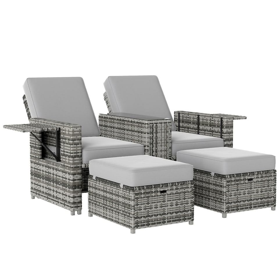 image 1 of Outsunny 5PC PE Rattan Sun Lounger, Outdoor Wicker 5-level Adjustable Recliner Sofa Bed with Storage Side Table and Footstools, for Patio, Garden, Poolside, Grey