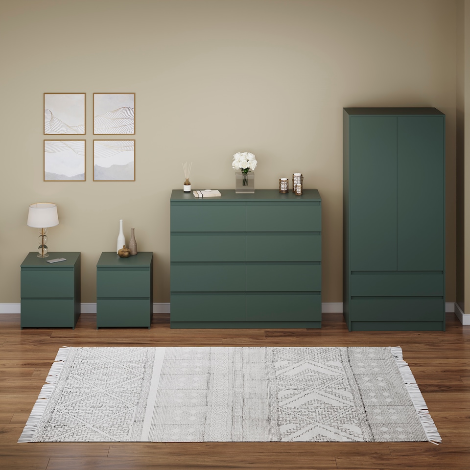 image 1 of Vida Designs Denver 4 Piece Bedroom Set (2 Drawer Large Bedside Chest, 8 Drawer Chest, 2 Door 2 Drawer Wardrobe), Green | Green | Green | L | 4