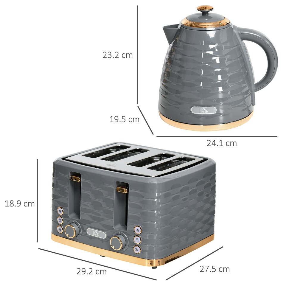 image 1 of HOMCOM Kettle and Toaster Sets, 3000W 1.7L Rapid Boil Kettle & 4 Slice Toaster with 7 Browning Controls, Defrost, Reheat and Crumb Tray, UK Otter thermostat, Grey