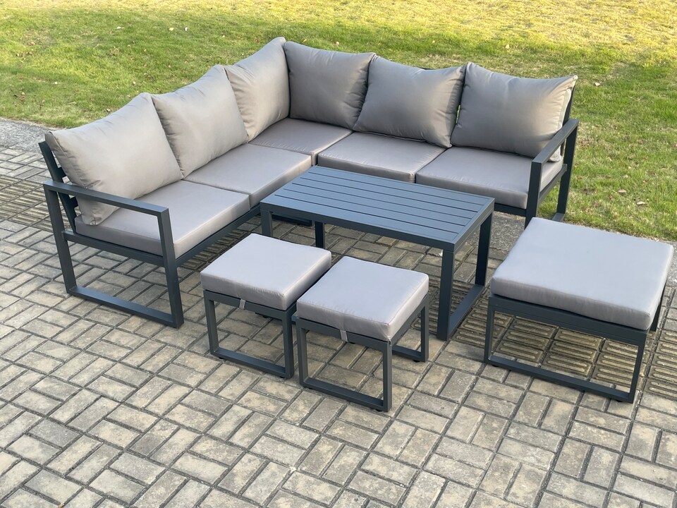image 1 of Fimous Aluminium Outdoor Garden Furniture Set Lounge Sofa Oblong Coffee Table Sets with 3 Footstools Indoor Conservatory Set Dark Grey