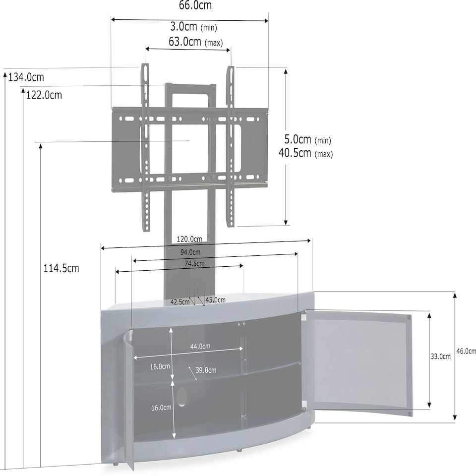 image 1 of Centurion Supports PANGEA Grey Beam-Thru Curved True-Corner 32"-50" TV Cabinet with Mounting Arm Grey