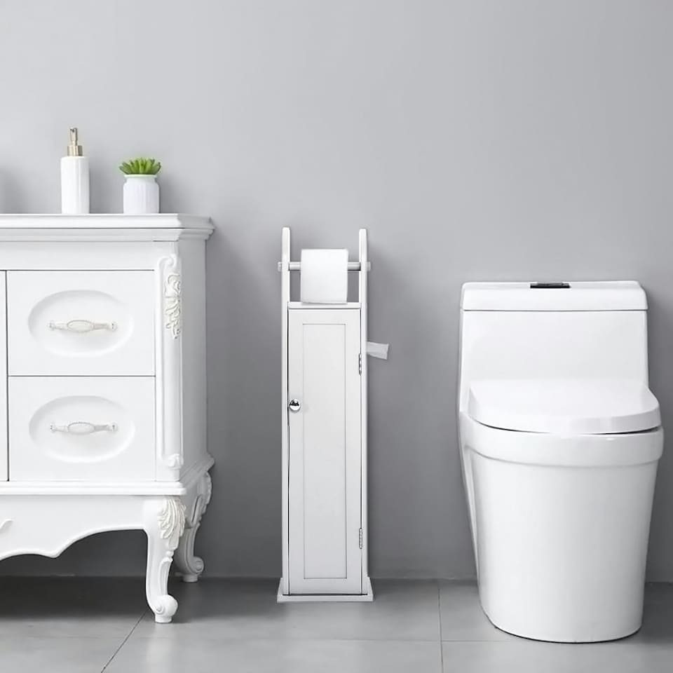 image 1 of Living and Home Wooden Bathroom Cabinet for Toilet Rolls - White 20 W x 18 D x 78 Hcm
