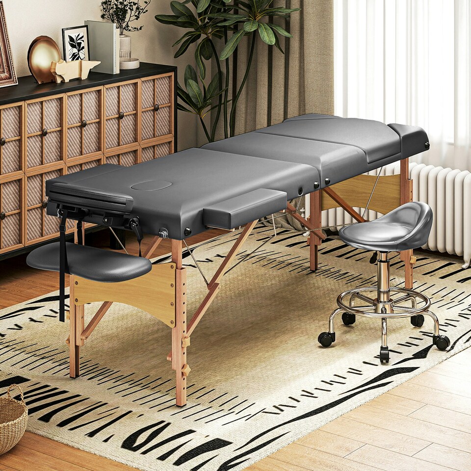 image 1 of HOMCOM Foldable Massage Bed with Beech Wood Legs Face Cradle Armrests Grey Grey