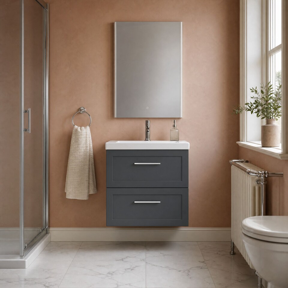 image 1 of Balterley Stonnall Traditional Wall Hung 2 Drawers Vanity Unit with 1 Tap Hole Fireclay Basin, 600mm, Dark Grey
