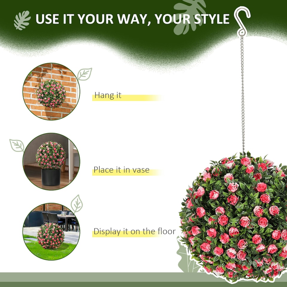 image 1 of HOMCOM Set of 2 Artificial Plant Topiary Rose Balls, Faux Plants, Pink