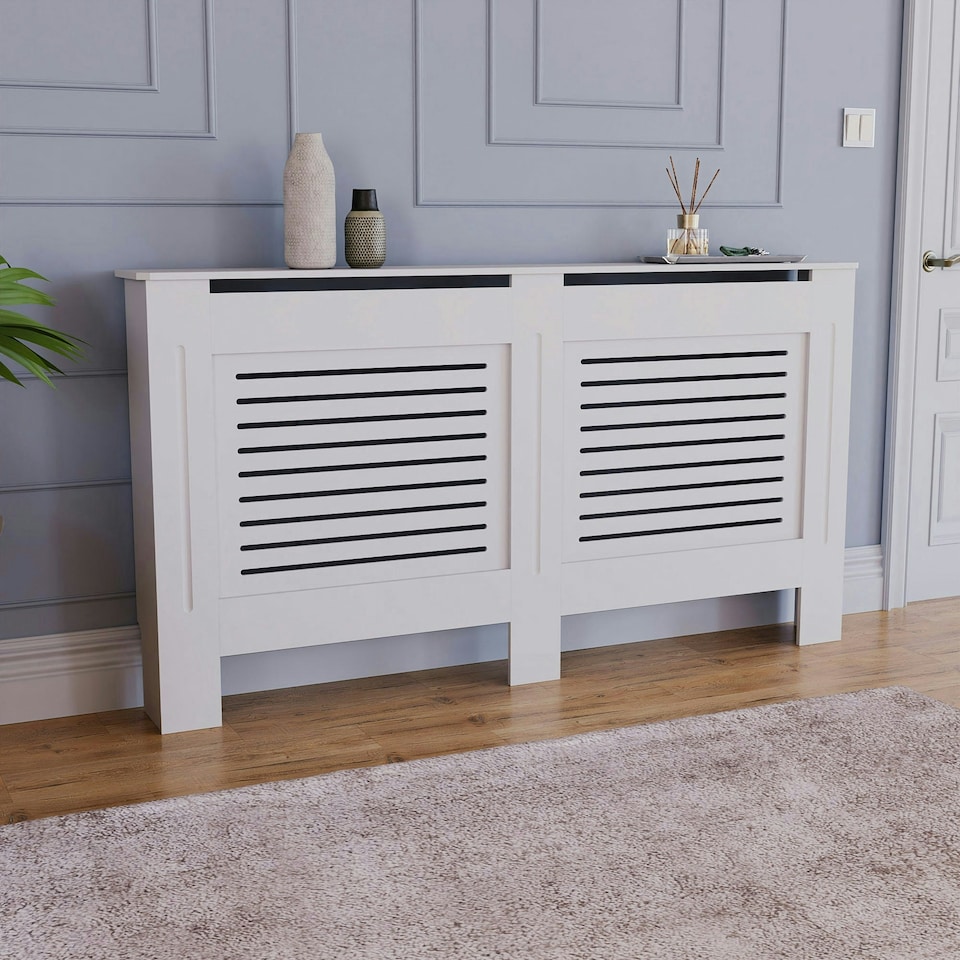 image 1 of Vida Designs Milton Radiator Cover Painted MDF Slatted Cabinet, White, 152cm
