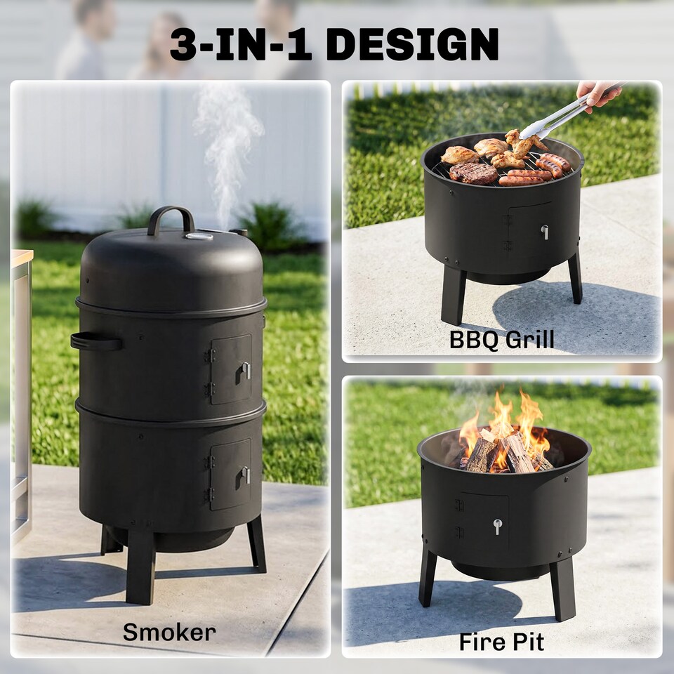 image 1 of Outsunny 3-in-1 Vertical Charcoal Smoker with 2 Grill Grates, Thermometer