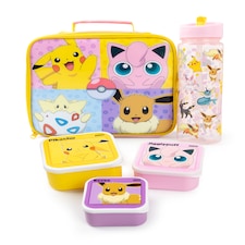 Pokemon Girls Lunch Bag Set | Kids 5 Piece Zip Dinner Bag, Water Bottle and Snack Pot Bundle in Pink and Yellow | Pikachu, Jiggly Puff, Eevee, Togepi Besties Characters | Game TV Series Merchandise Gift