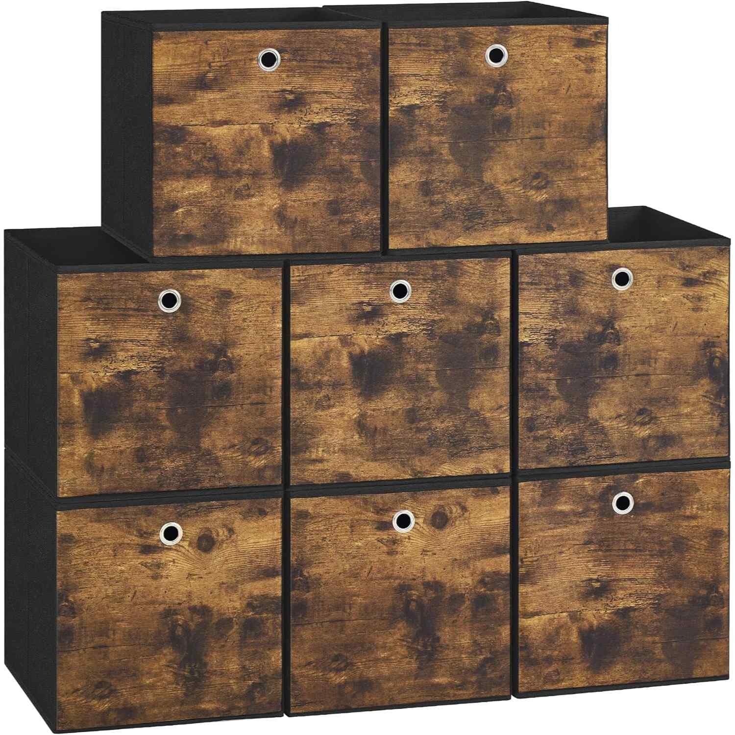 Foldable Storage Cube Bins, Set of 8 Fabric Organisers with Handles for Shelves and Clothing, Rustic Brown and Ink Black