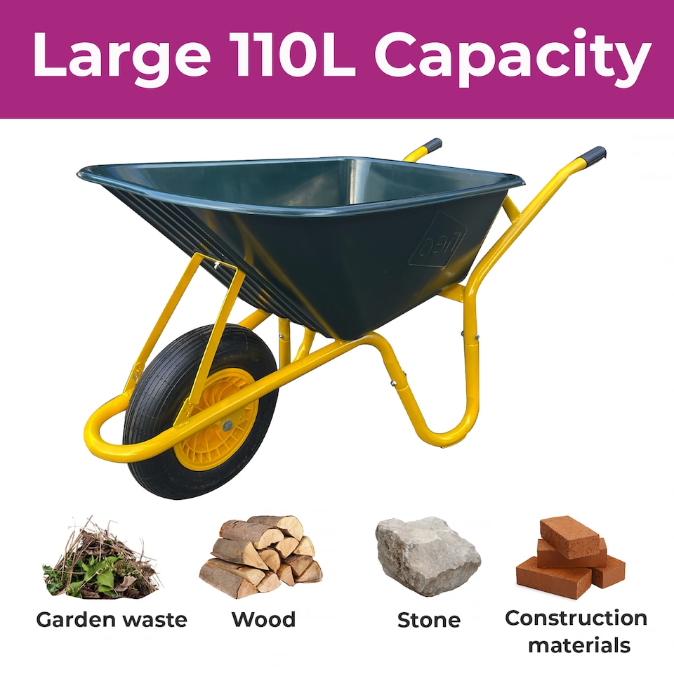 image 1 of Neo Garden Wheelbarrow Heavy Duty 110L 150kg Durable Plastic Green Tray Barrow Pneumatic Wheel Tyre Loads Equine Yard Gardening | Green | Green & Yellow