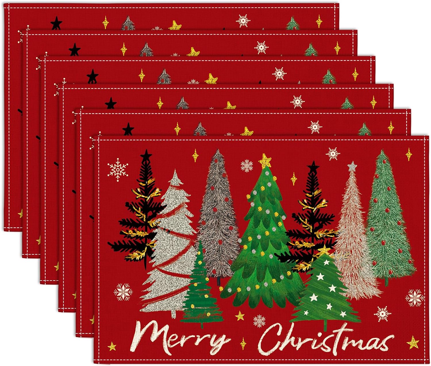 Christmas Placemats Set of 6, 30 x 45cm Christmas Tree Red Place Mats Seasonal Winter Xmas Holiday Kitchen Dining Table Mats for Home Party