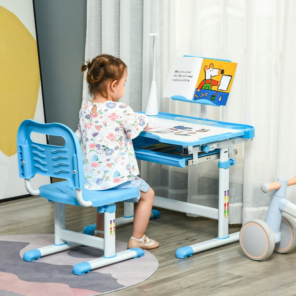 image 1 of HOMCOM Kids Study Desk and Chair Set w/ USB Lamp, Adjustable Height, Pink