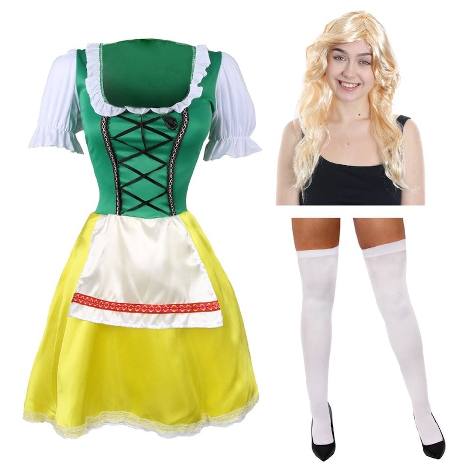 image 1 of Green & Yellow Bavarian Dress with Stockings & Wig Green | L