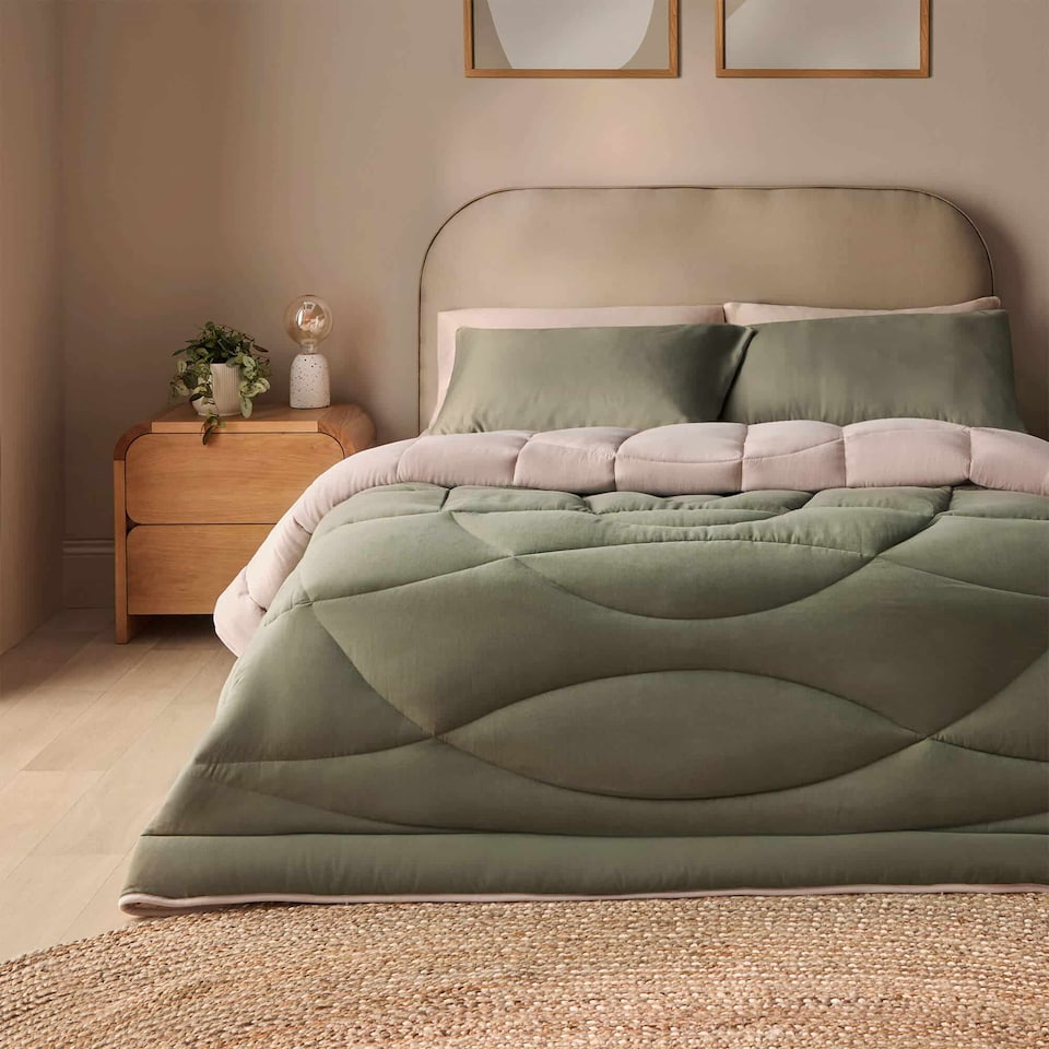 image 1 of Silentnight Coverless Duvet and Pillowcase Set, Washed Effect, Reversible - Green Natural | Green | Natural Reverse