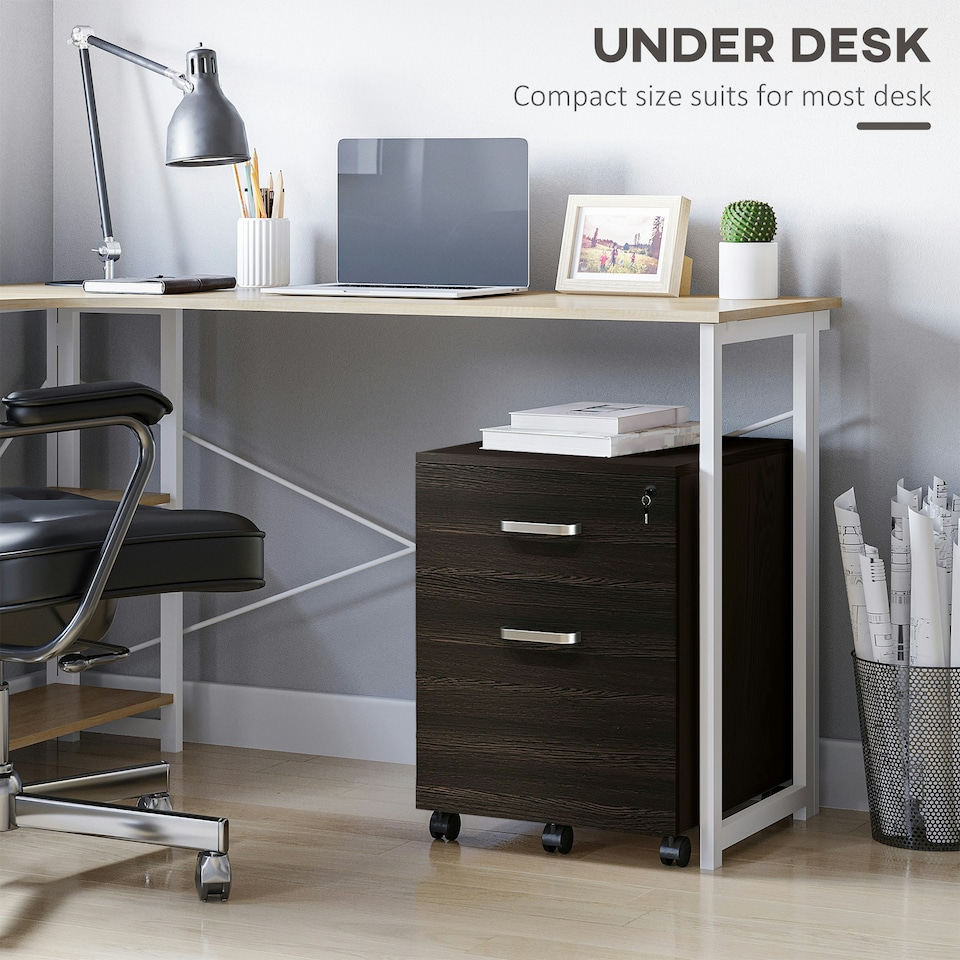 image 1 of Vinsetto 2-Drawer Locking Office Filing Cabinet 5 Wheels Rolling Storage Brown