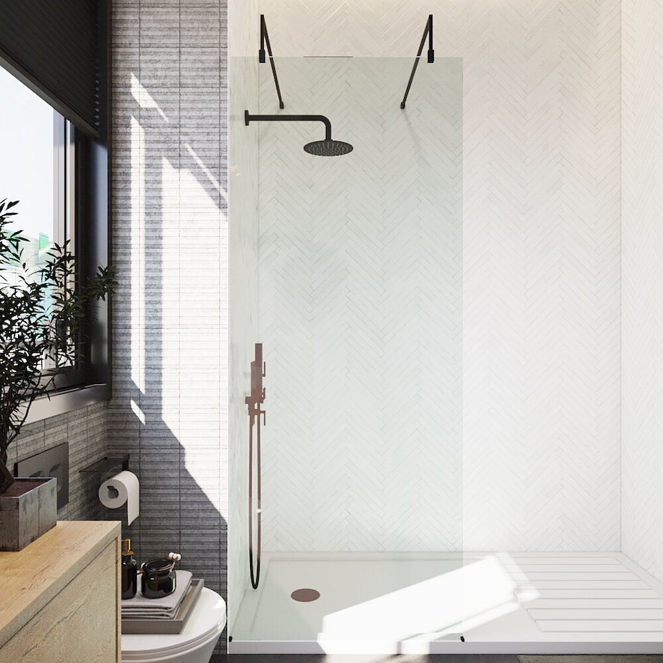 image 1 of Balterley Hollinsclough Contemporary Bathroom 8mm Glass Wetroom Screen with Arms & Feet, Matt Black, 1950 x 800 x 14mm