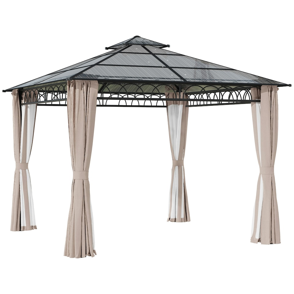 image 1 of Outsunny 3 x 3 (m) Double Roof Hard Top Gazebo w/Nettings & Curtains, Khaki