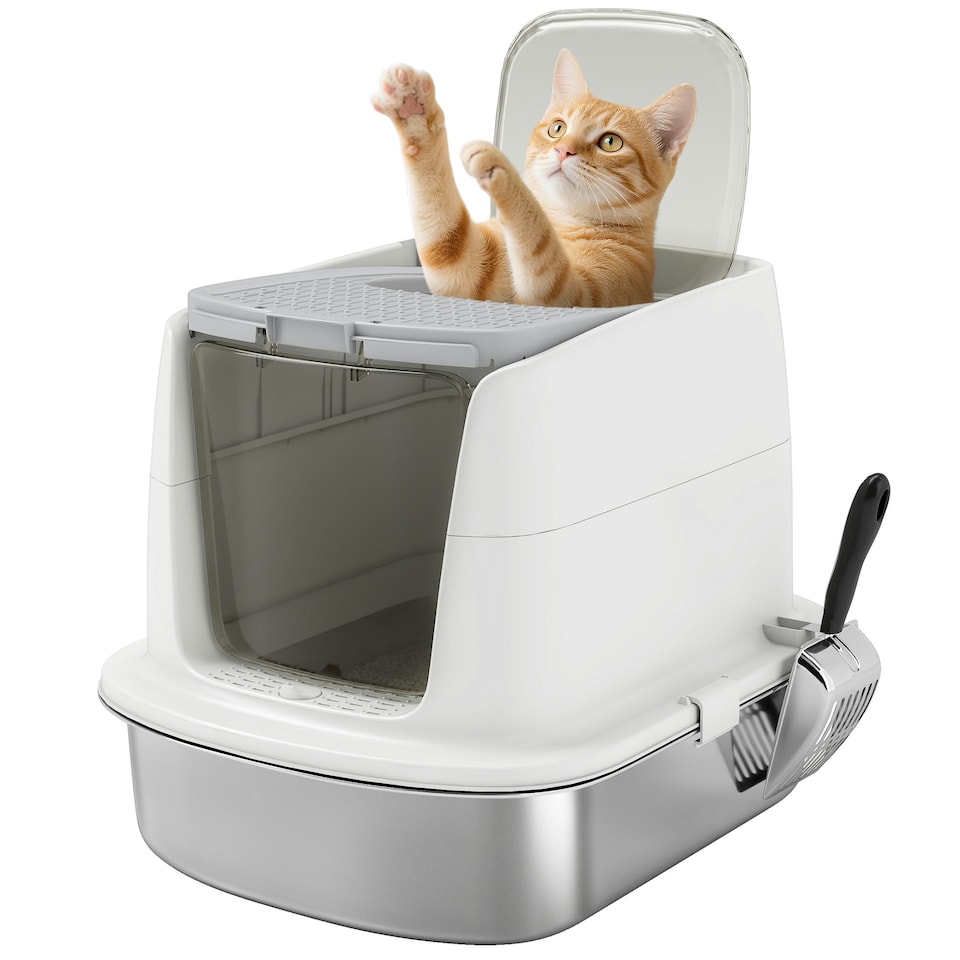 image 1 of PawHut Stainless Steel Litter Box, Enclosed Metal Cat Litter Tray with Scoop White | One Size
