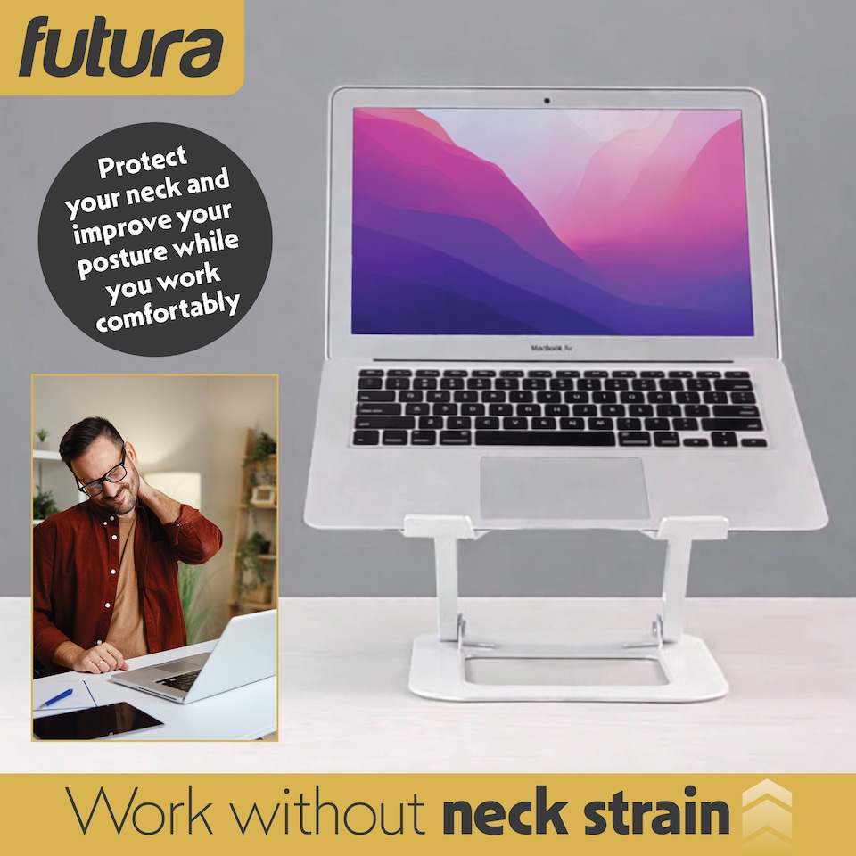 image 1 of Futura Laptop Stand Adjustable Portable Riser, White Foldable Aluminium Holder for MacBook AirPro and 11 to 17 inch Laptops | White | White | One Size | 1