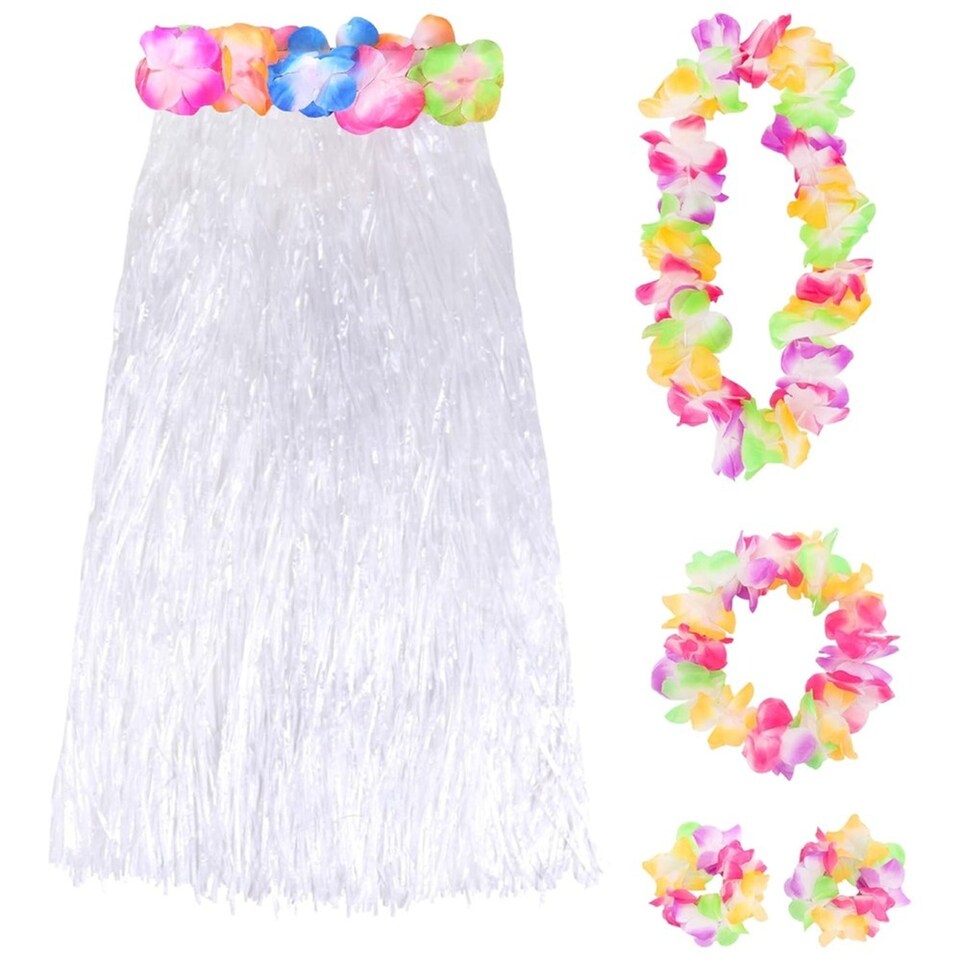 image 1 of 80cm Hawaiian Long White Hula Skirt & Lei | White | 3