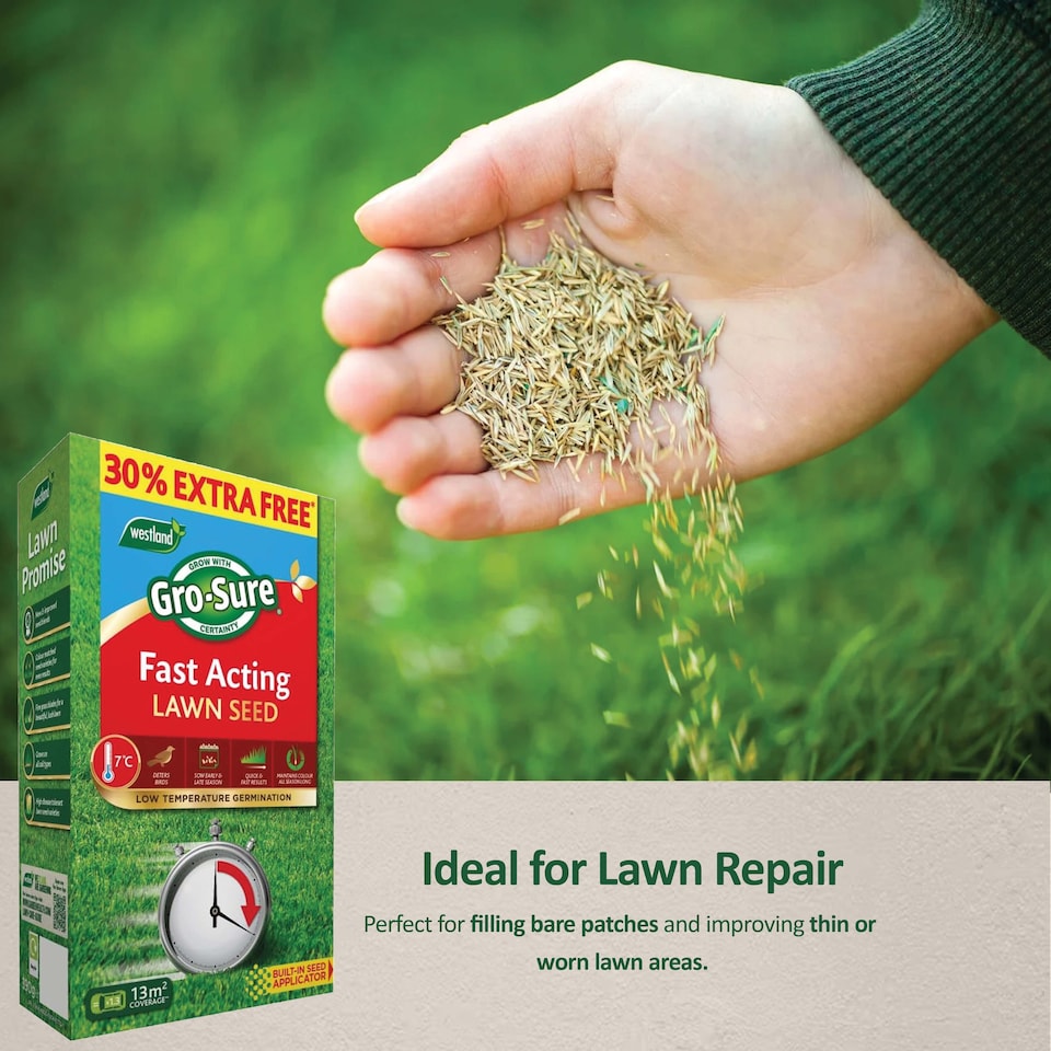 image 1 of Westland GRO-Sure Fast Acting Lawn Seed 10 Meter Square + 30 Percent Extra Quick Germination Grass Seed for Lawn Repair & Growth