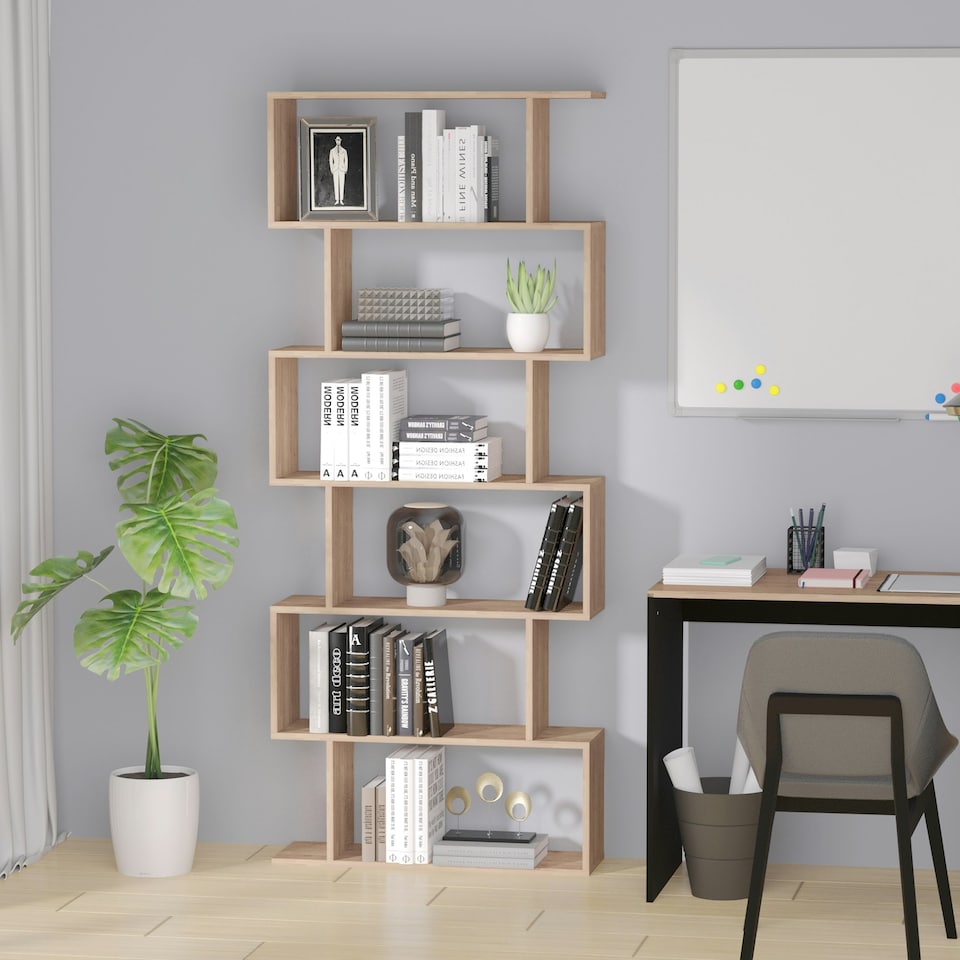 image 1 of HOMCOM 6-Tier Wooden Modern S-Shaped Shelf Storage Unit Home Office Maple Colour