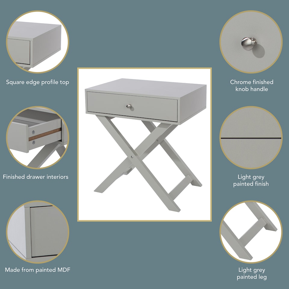 image 1 of Options 1 Drawer X-Frame Bedside Table - Painted Finish, Polished Metal Handle | Grey | Grey | One Size | 1