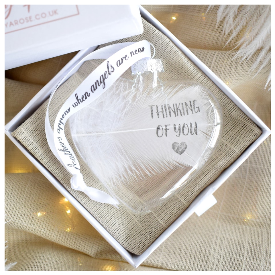 image 1 of THINKING OF YOU In Memory of Feather Heart Bauble Gift Boxed