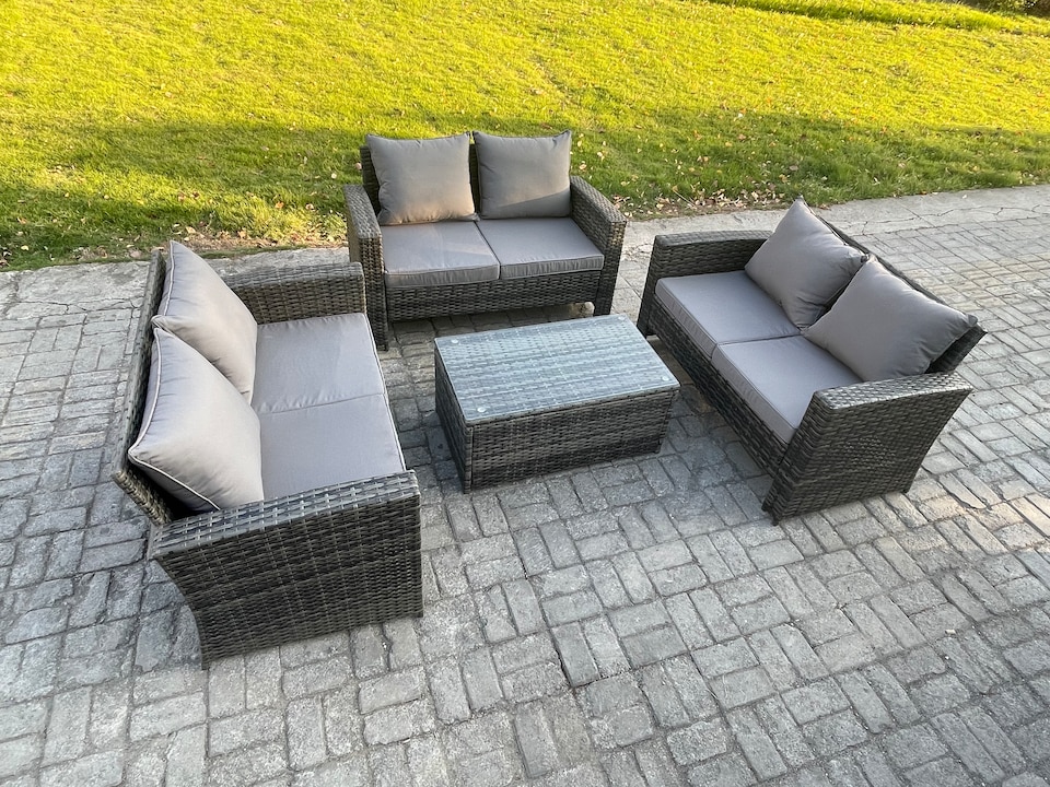 image 1 of Fimous Dark Grey 6 Seater Outdoor Rattan Garden Furniture Set Patio Love Sofa Rectangular Coffee Table Set
