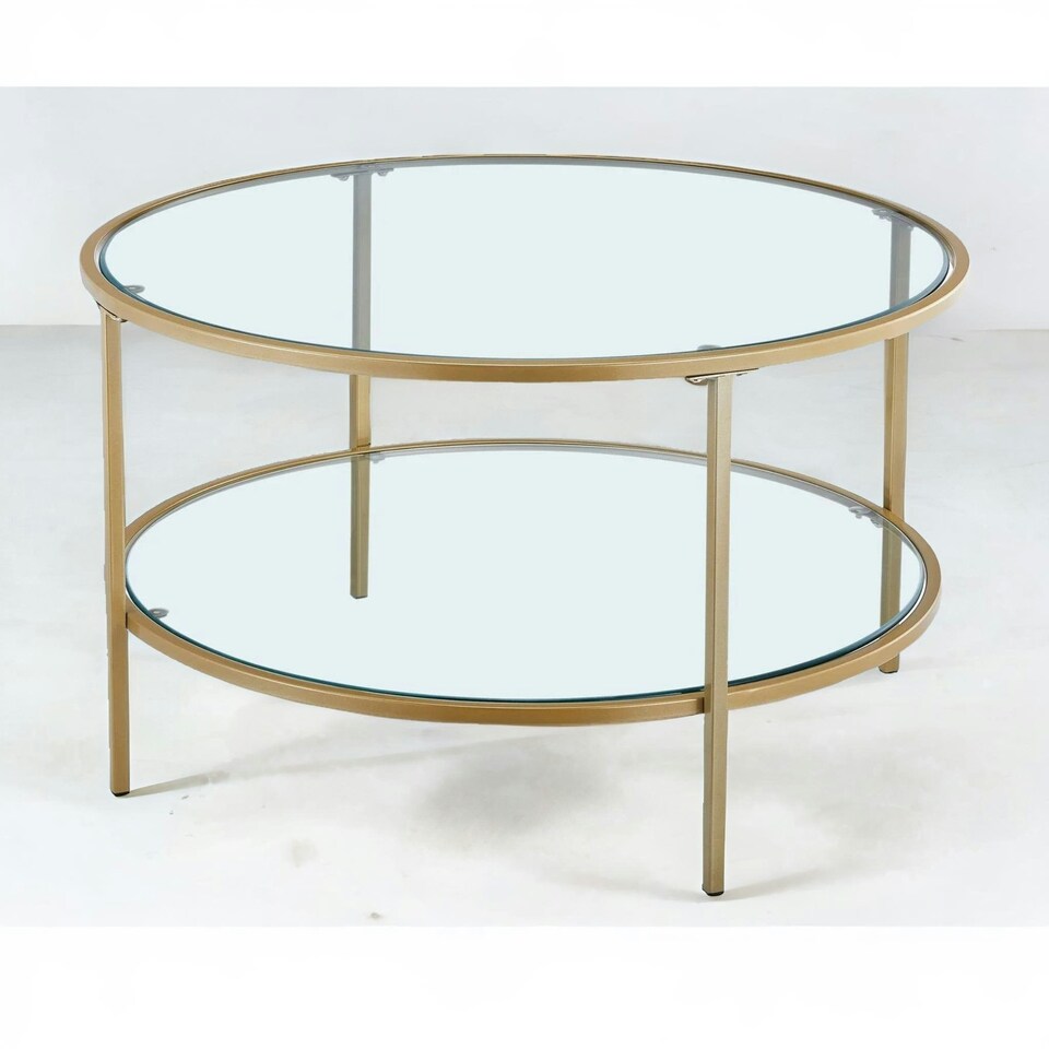 image 1 of Industrial 2 Tier Round Coffee Table With Tempered Glass Gold
