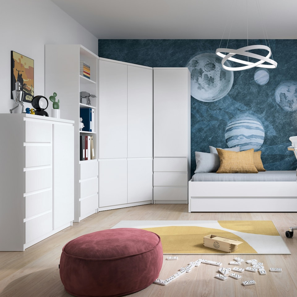 image 1 of Fribo Tall Narrow 1 Door 3 Drawer Cupboard in White