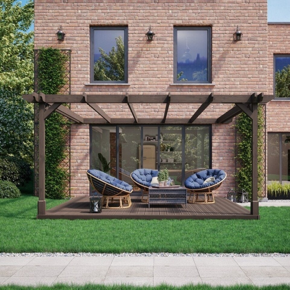 image 1 of Wall Mounted Double Premium Pergola and Decking Kit - Wood - L480 x W480 x H270 cm - Rustic Brown