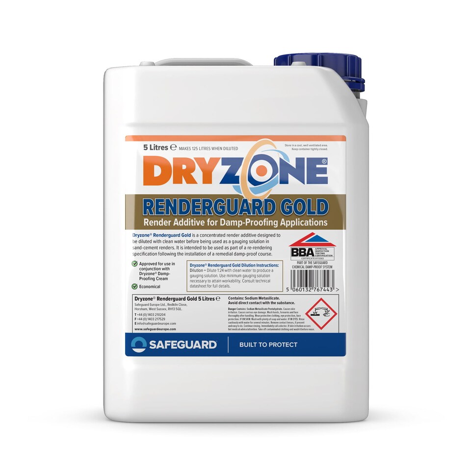 Dryzone Renderguard Gold 5L - Advanced Salt-Neutraliser & Waterproofing Additive for Replastering After Rising Damp Treatment