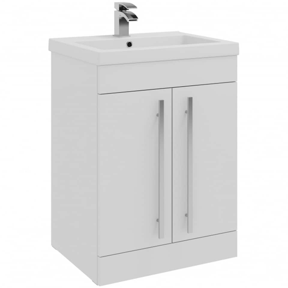image 1 of Bathroom 2-Door Floor Standing Vanity Unit with Mid Depth Ceramic Basin 600mm Wide - White  - Brassware Not Included | White | White | 1