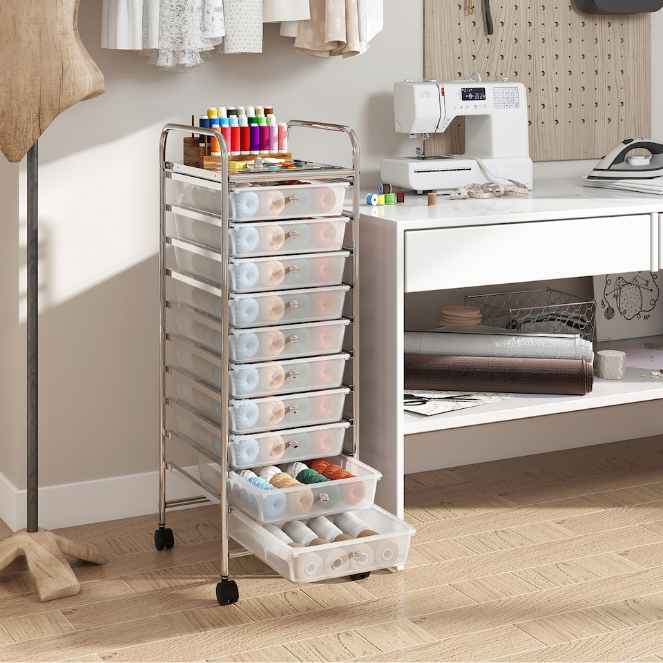 image 1 of COSTWAY 10 Drawer Rolling Storage Cart with Lockable Wheels Clear