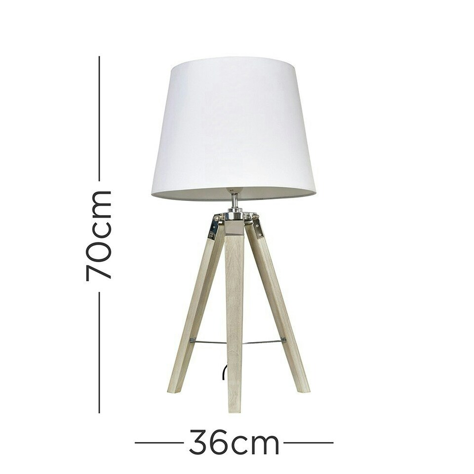 image 1 of ValueLights Distressed Wood and Silver Chrome Tripod Table Lamp with a White Tapered Light Shade - Complete with a 6w LED GLS Bulb 3000K Warm White