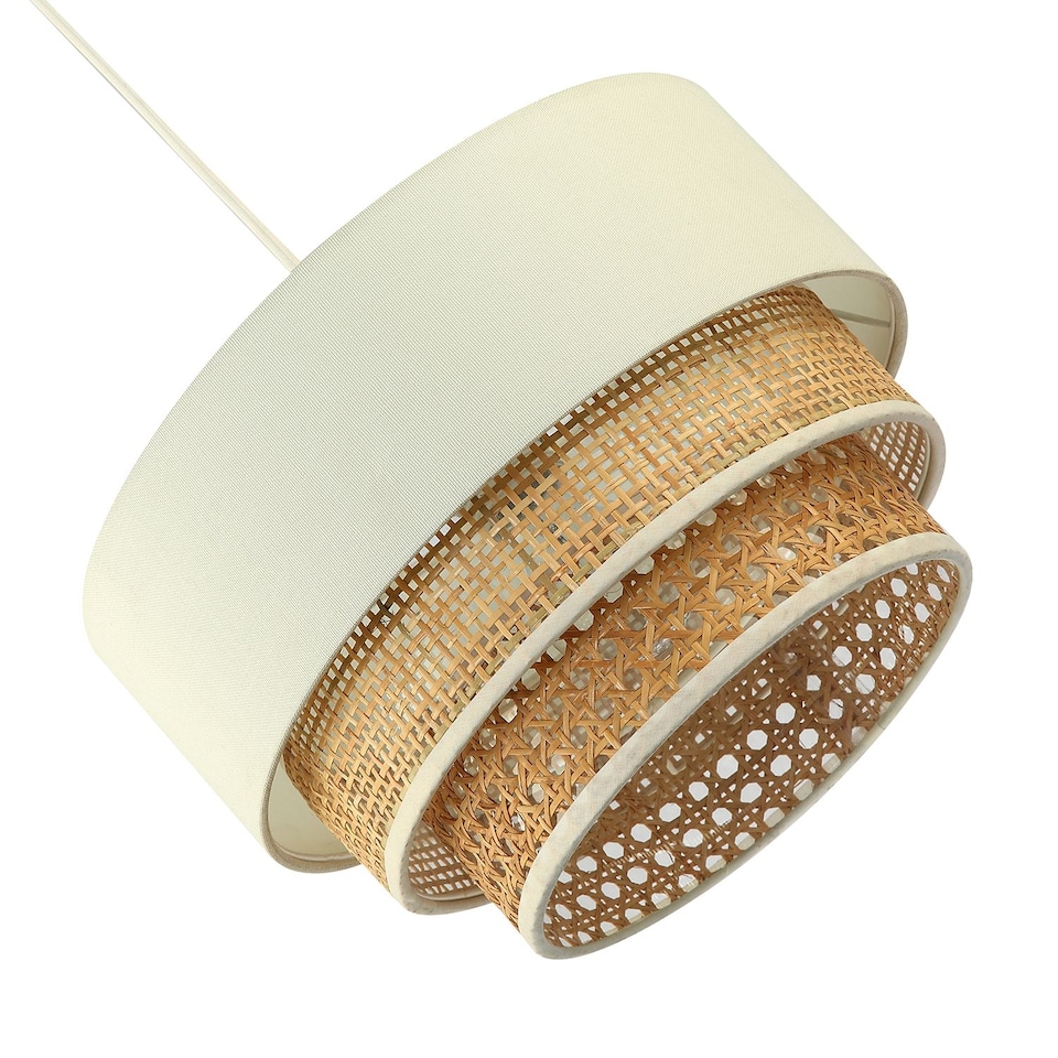 image 1 of Contemporary Triple Tier Cream Linen and Natural Rattan Pendant Shade | Brown | Brown | 1