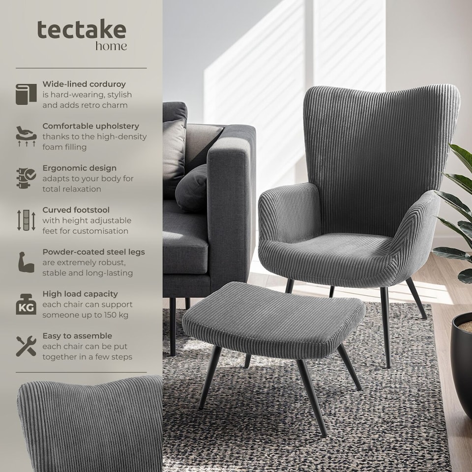 image 1 of Armchair Hygge - padded, armrests and ergonomic backrest, 150 kg load capacity | Grey | Wide cord anthracite/black | One Size | 1