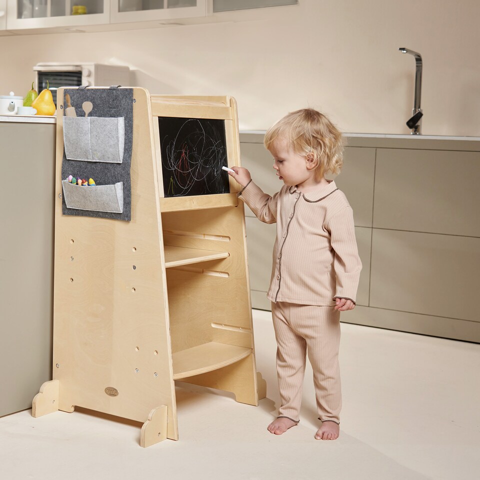 image 1 of Allis Baby Toddler Learning Tower with Adjustable Height and Blackboard | Brown | Natural Wood | One Size | 1