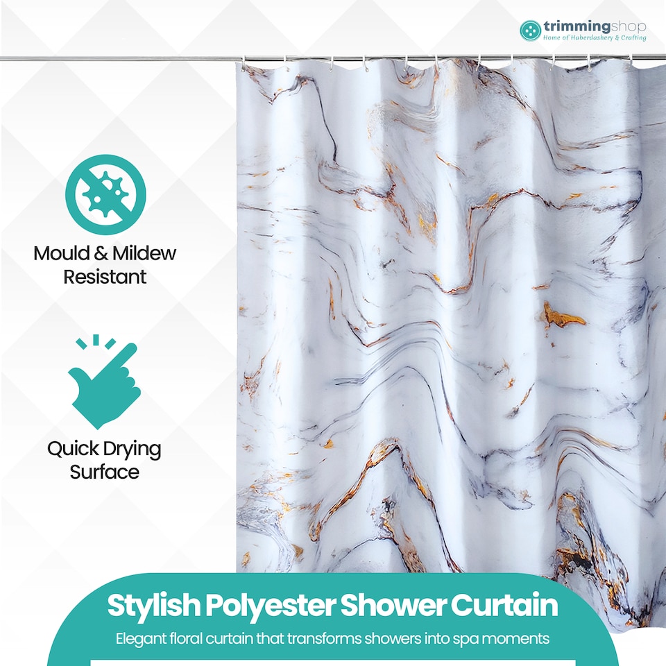 image 1 of White & Grey Marble Polyester Shower Curtain with 12 Hooks - 180x200cm