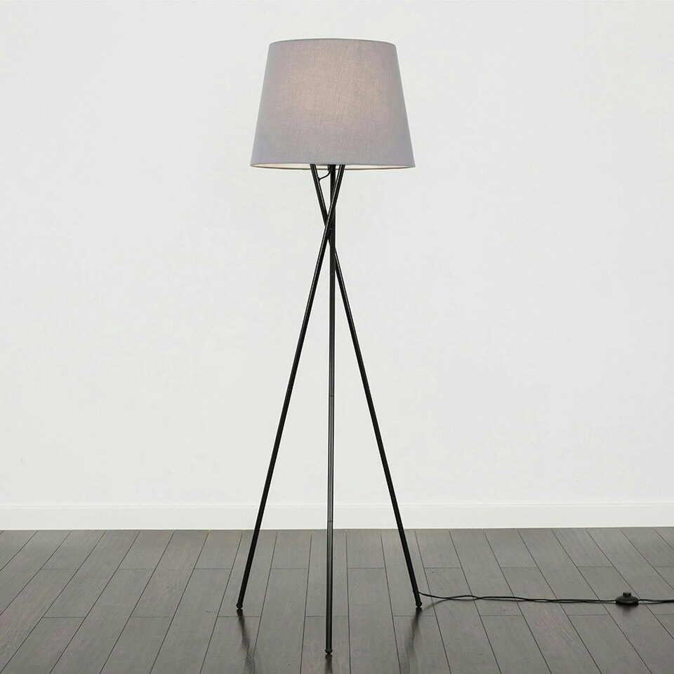 image 1 of ValueLights Camden Black Tripod Floor Lamp Grey Taper Shade & Bulb Grey