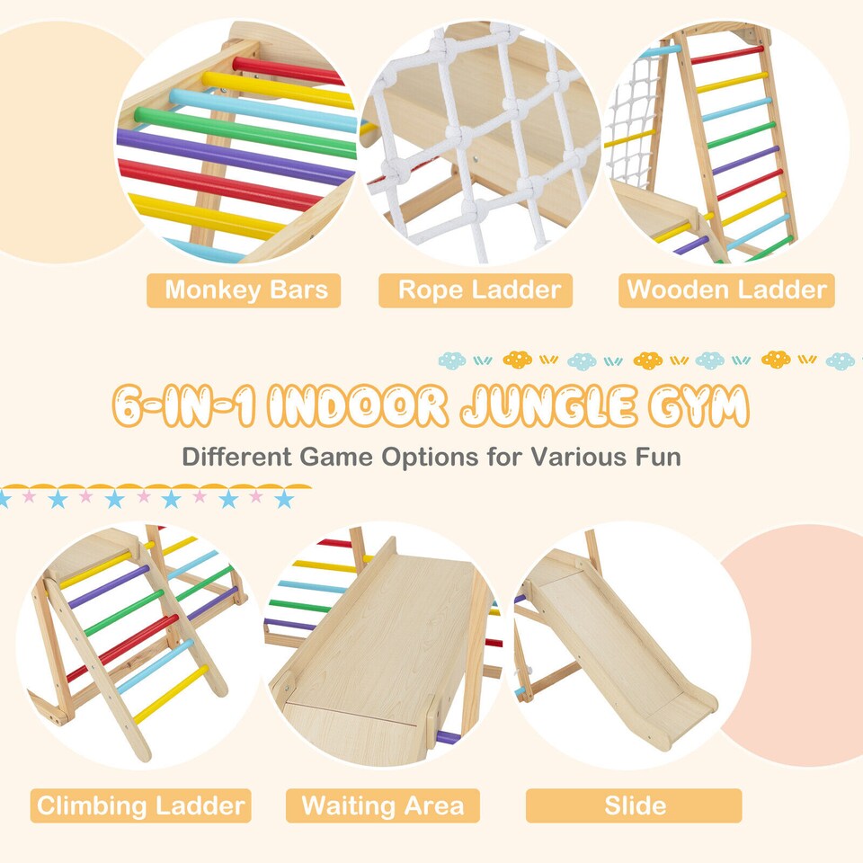 image 1 of COSTWAY 6 in 1 Wooden Climber Playset Kids Slide Jungle GymMonkey Bars Climbing Ladder