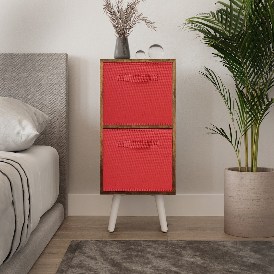 image 1 of Rustic Brown 2-Tier 2-Drawer Cube Shelving Unit with Scandinavian Legs | Red | Red & White | 1